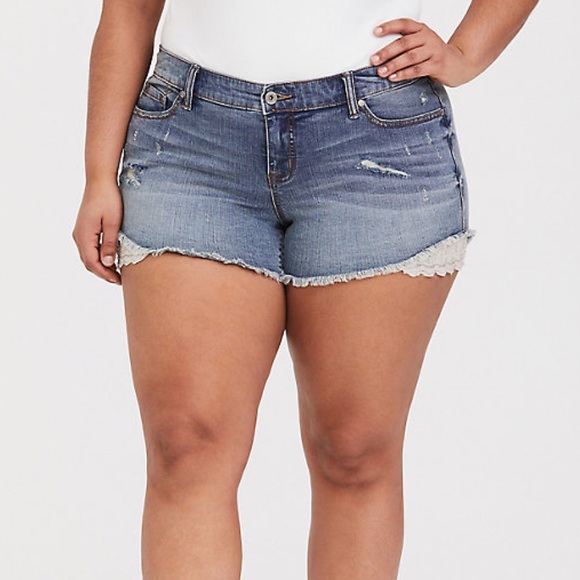 torrid Pants - Torrid Distressed Denim Shorts with Sparkle Lace